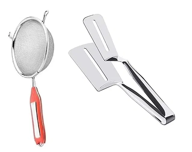 Stainless Steel Soup Strainer with Cooking Tong, Silver, Set of 2