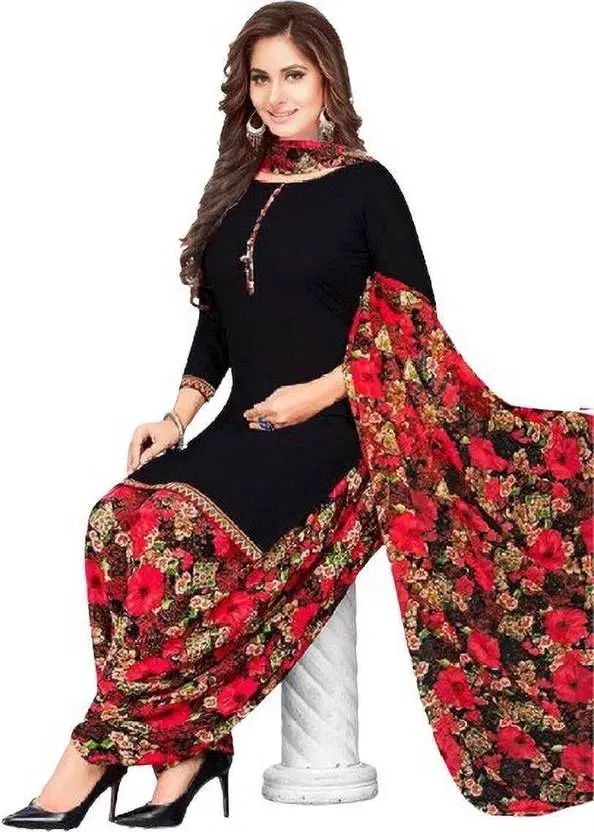 Crepe Printed unstitched suits for women, Black & Red