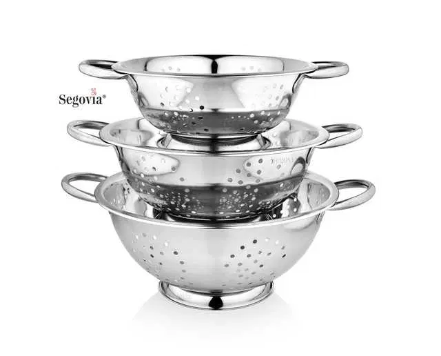 Segovia Stainless Steel Strainer Colander Set 1.5L, 2.5L & 3.5L, Pack of 3, Silver, SS-21