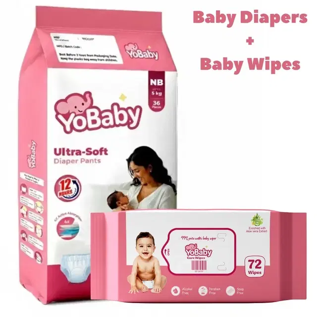 YoBaby Diaper Pants NB (NewBorn) - 36 Pcs + YoBaby Baby Wipes - 72 Wipes