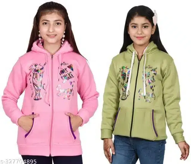 Woolen Full Sleeves Hooded Sweatshirts for Girls, Pack of 2 (Pink & Mint Green, 10-11 Years)
