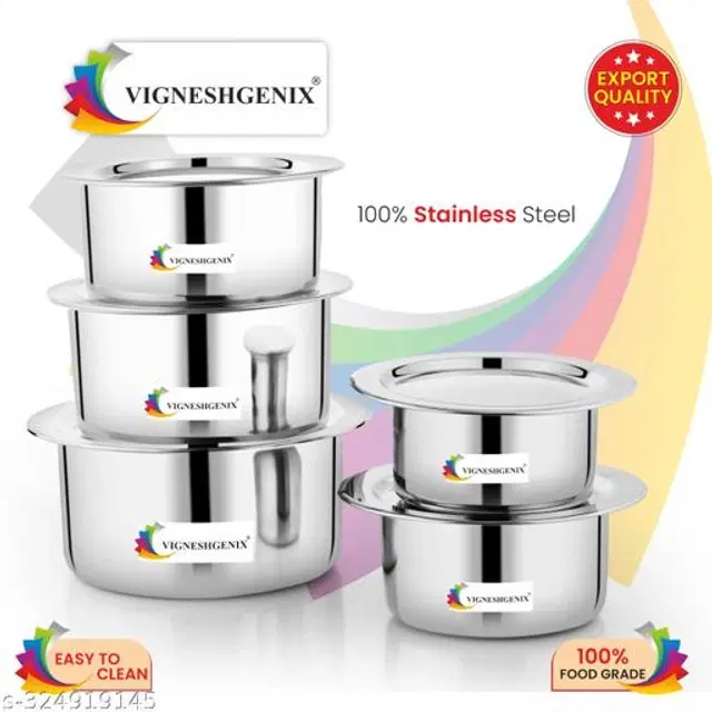 Stainless Steel Copper Bottom Handi Pot Set with Lid, Silver, Set of 5