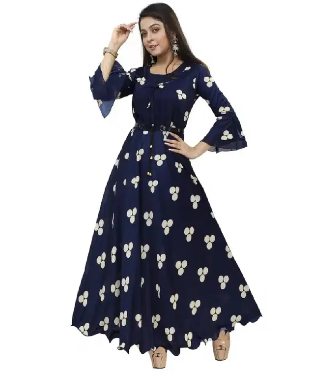 Three Quarter Sleeves Gown for Girls (Navy Blue, 10-11 Years)