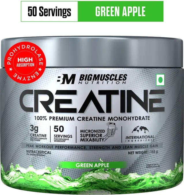 Bigmuscles Nutrition Creatine Monohydrate [50 Servings] | Supports Lean Muscle Building & Recovery Creatine 155 g, Green Apple