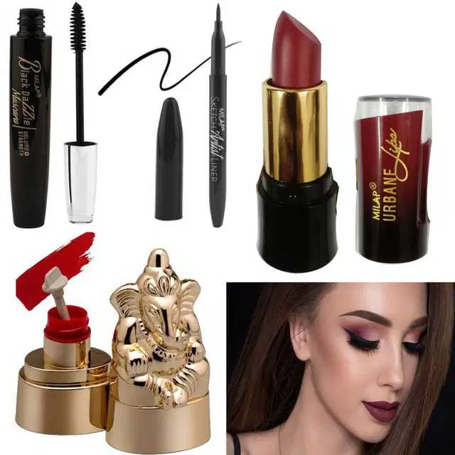 Combo of 1 Milap Urbane Lips Maroon Velvet Matte Lipstick, 4.2 g & 1 Milap Ganesh Statue Powder Sindoor & 1 Milap Sketch Artist Water Resistant Super Stay Jet Black Sketch Eyeliner & 1 Milap Black Dazzle Water Resistant Mascara 8 ml, R430