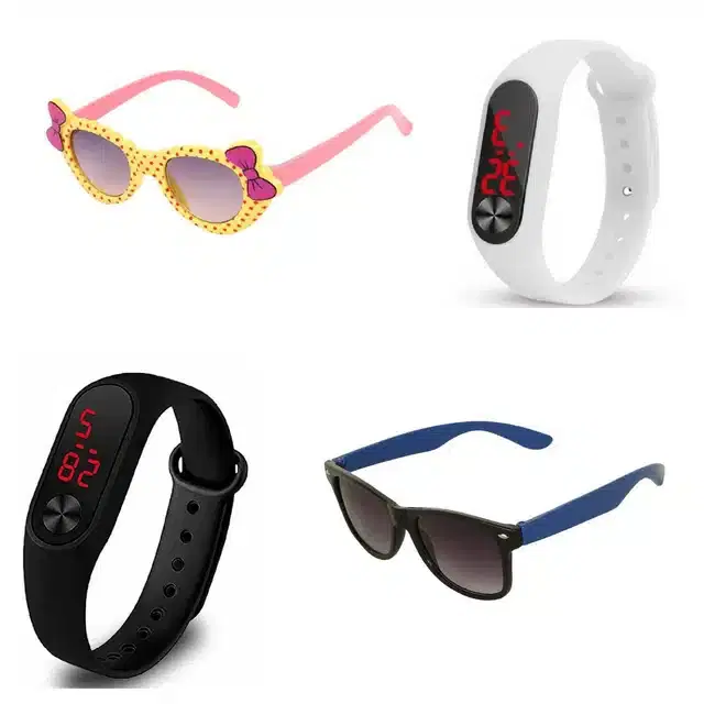 UV Protected Sunglass with Digital Watch for Boys & Girls, Set of 4 (Multicolor)