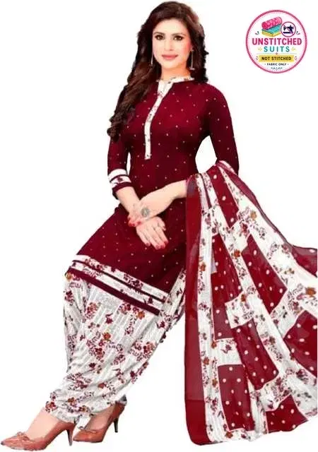 Crepe Printed Womens Unstitched Suits Red, (Size: 7.5 Mtr)