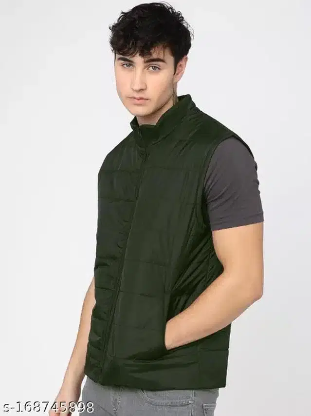 Polyester Sleeveless Solid Jacket for Men (Olive, XL)