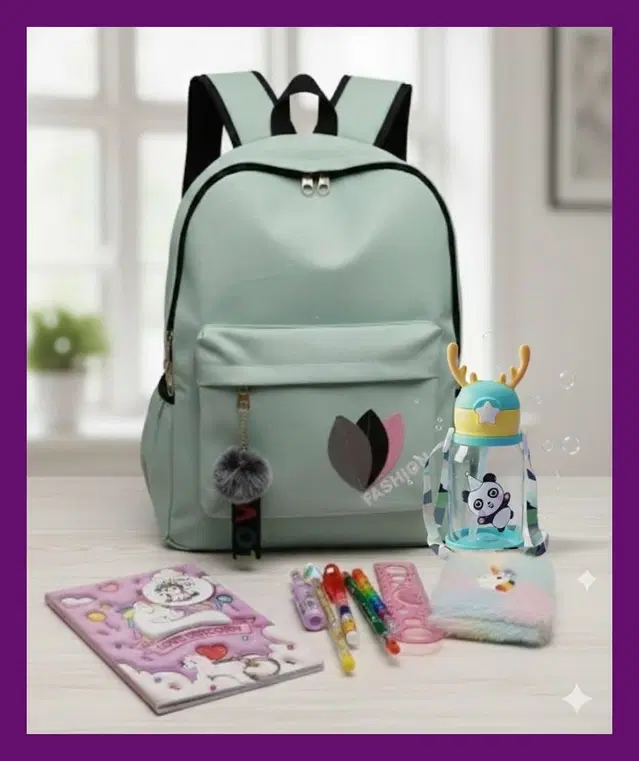 Polyester Backpack, Water Bottle, Unicorn Notebook, Plush Journal, & Rainbow Stationery Kit, Multicolour, Set of 1