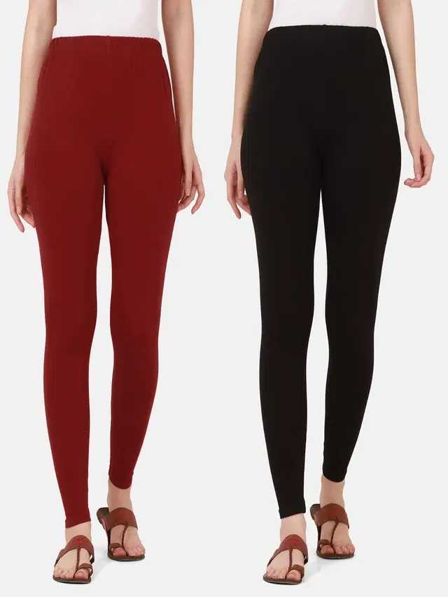 Cotton Solid Leggings for Women, Pack of 2 (Maroon & Black, M)