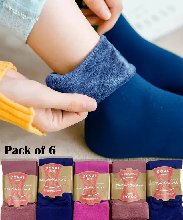 Woolen Solid Socks for Women, Set of 6 (Multicolor)