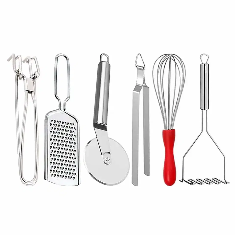 Oc9 Stainless Steel Cheese Grater & Utility Pakkad & Pizza Cutter & Egg Whisk & Chimta & Potato Masher For Kitchen Tool Set, Oc-363