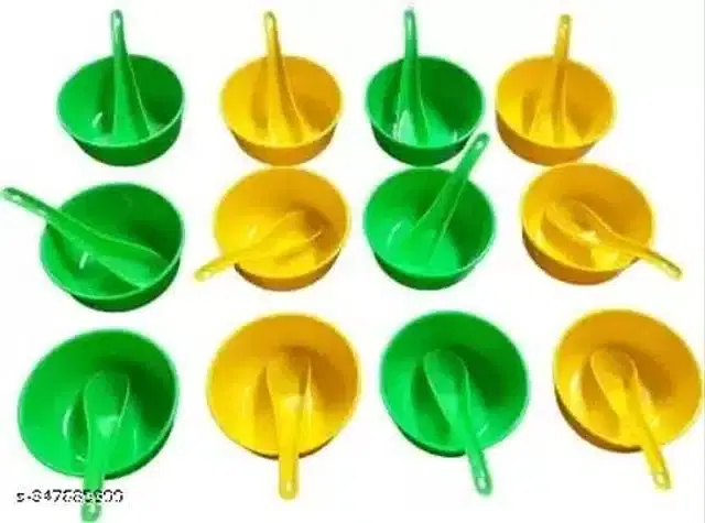 Plastic 12 Pcs Bowls, 250 ml with 12 Pcs Spoons, Yellow & Green, Set of 2