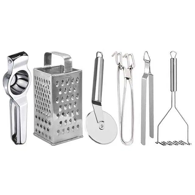 Oc9 Stainless Steel Lemon Squeezer & 4 in 1 Grater Or Slicer & Pizza Cutter & Utility Pakkad & Roti Chimta & Potato Masher Kitchen Tool Set, O-165