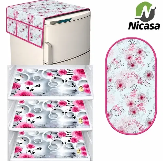 Waterproof Fridge Cover, With 3xFridge Mat And 1 xHandle Cover Pack Of 5 Multicolor Flower