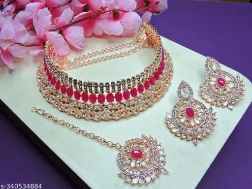 Rose Gold Premium Quality Choker with beautiful Chandbali Earrings for Women (Pink, Free Size)