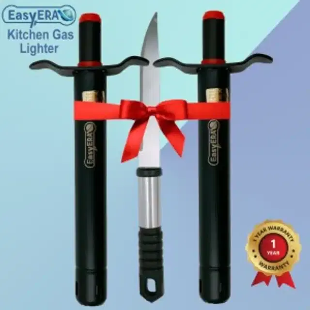 Stainless Steel Gas Lighter, 2 Pcs with Kitchen Knife, Black, Set of 2