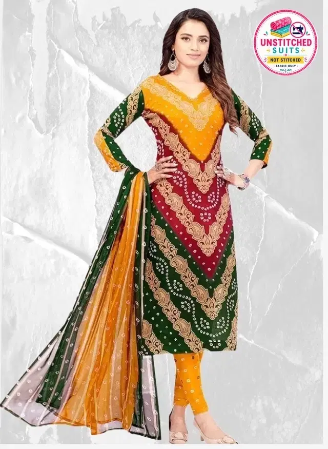 Crepe Printed unstitched suits for women, Mustard