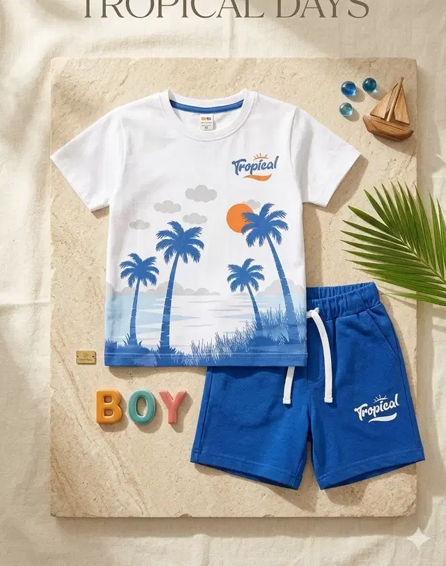 Cotton Blend Boys Clothing Set (White & Blue, 18-24 Months)