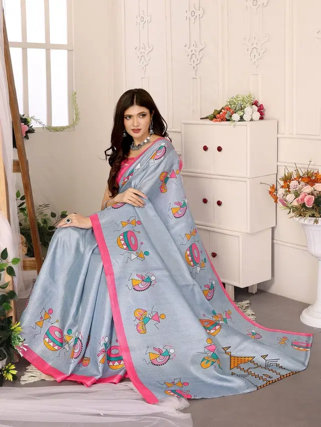 Kalamkari Printed Assam Silk Saree with Blouse for Women (Grey, Free Size)