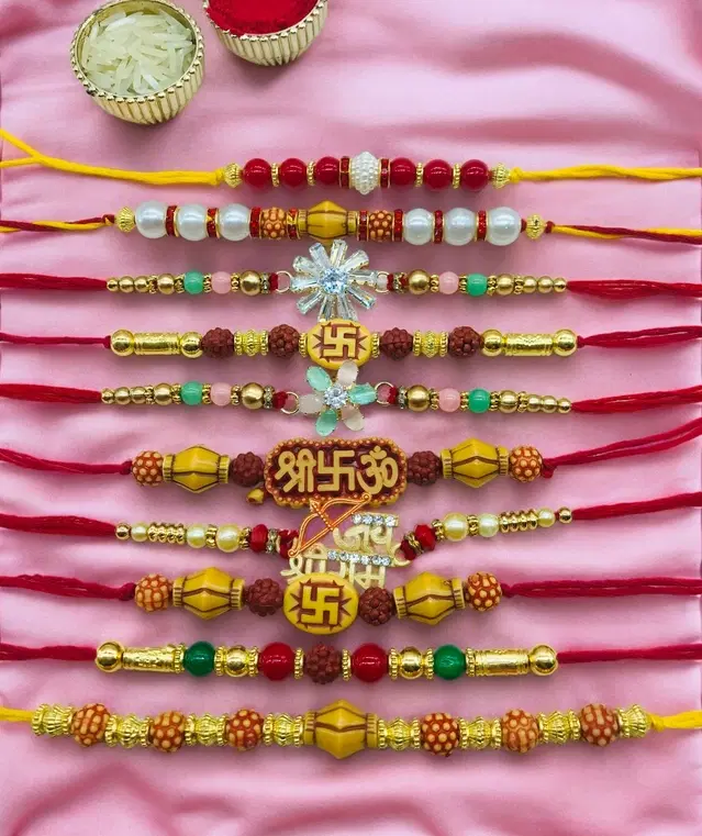 Handmade Designer Rakhi with Roli Chawal, Multicolor, Pack of 10