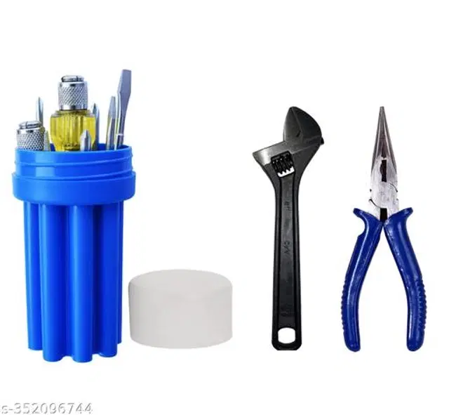 8 in 1 Screw Driver Set with Spanner & Long Nose Plier, Multicolor, Set of 3