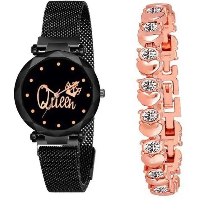 Casual Metal Analog Watch With Bracelet Women, Pack Of 2 (Black) (MP-697)