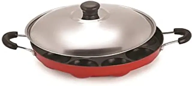 ZODEX 12 Cavities Non Stick Appam Patra with Lid and Side Handle, Multicolor, 21 cm