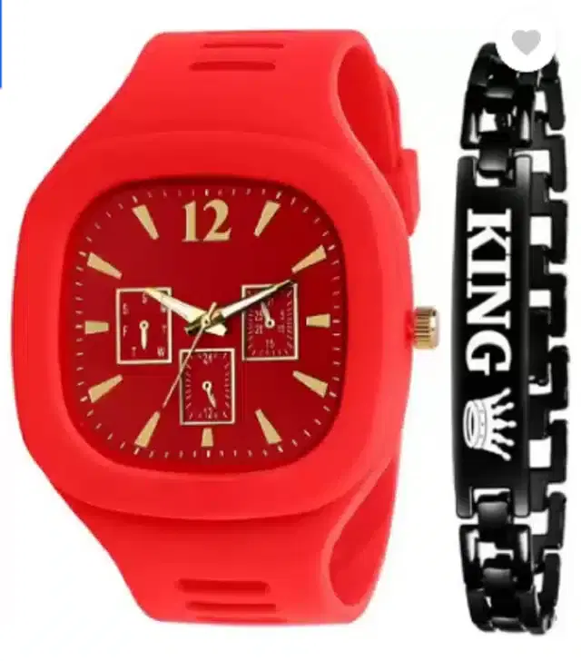 Analog Watch & Bracelet for Men, Pack of 2 (Red & Black)
