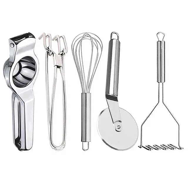 Stainless Steel Lemon Squeezer & Pakkad & Egg Whisk & Pizza Cutter & Potato Masher For Kitchen, Set of 5, OC-079