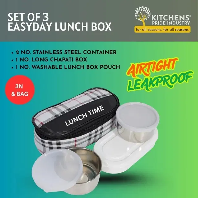 Easy Black Lunch Box With 2 Steel Containers, 1 Plastic Chapati Box And 1 Bag