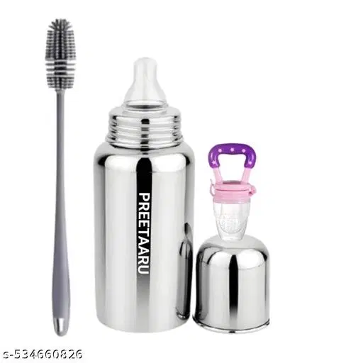 Steel Feeding Bottle, Soft Silicone Fruit Nibbler With Bottle Cleaning Brush