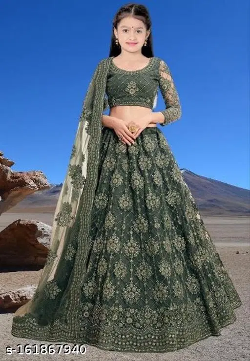 Embroidered Lehenga Choli for Women (Green, 13-14 Years)