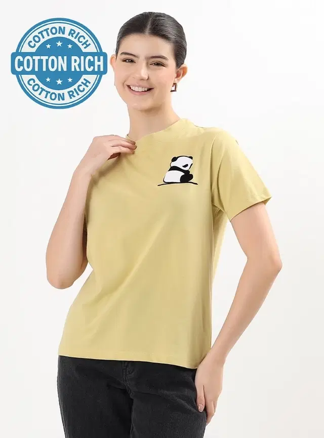 Round Neck Printed T-Shirt for Women, Yellow (S)