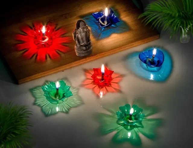 Plastic Plastic 3D Shadow Reflection Floating Diyas for Dipawali, Multicolor, Pack of 12, Multicolor, Pack of 12