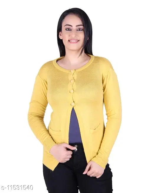 Acrylic Solid Sweater for Women (Yellow, M)