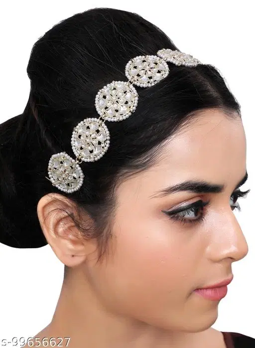 White Kundan Pearl Mathapatti for Women (White, Free Size)