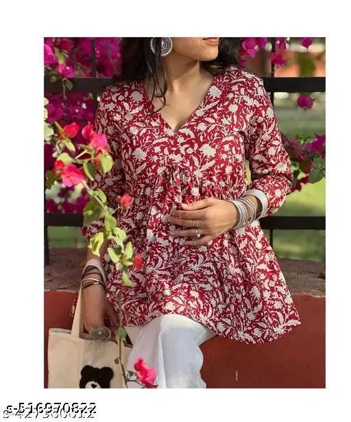 Floral Tops & Tunics for Women (Maroon, XS)