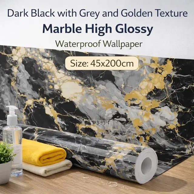 Dark Black with Grey and Golden Texture Marble High Glossy  WaterProof , Stain Resistance Wallpaper (45*200 cm)