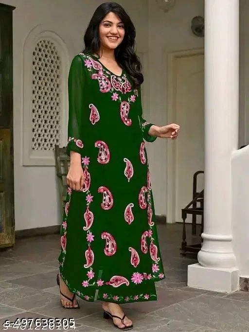 Georgette Printed Kurta & Paint & Dupatta Set For Womens, Green (L)