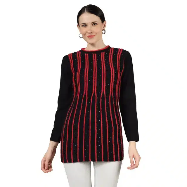 Woollen Blend Full Sleeves Cardigan for Women (Black & Red, M)