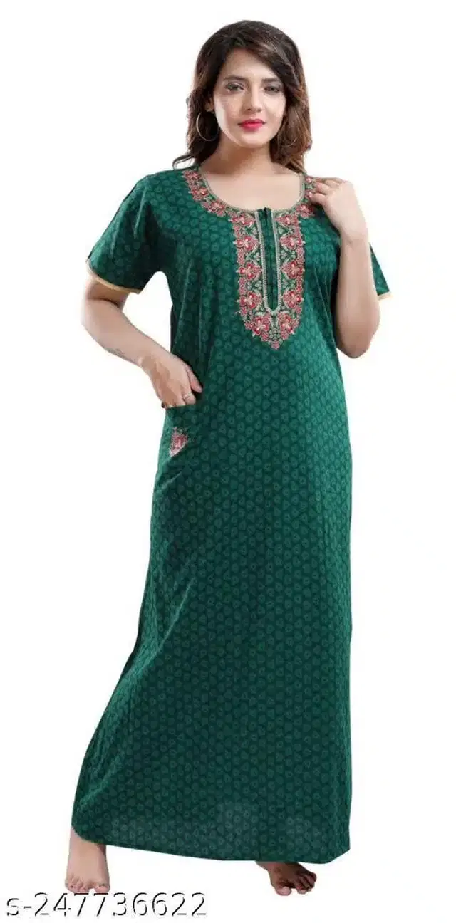 Cotton Printed Gown for Women (Dark Green, XXL)