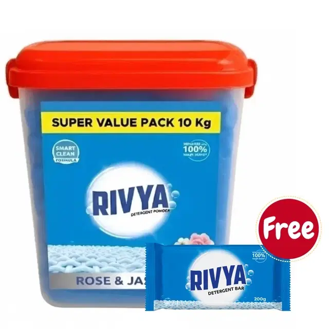 Rivya Rose & Jasmine Detergent Powder 10Kg (Free Tub & Scoop) + Rivya Detergent Bar 200 g (Free)