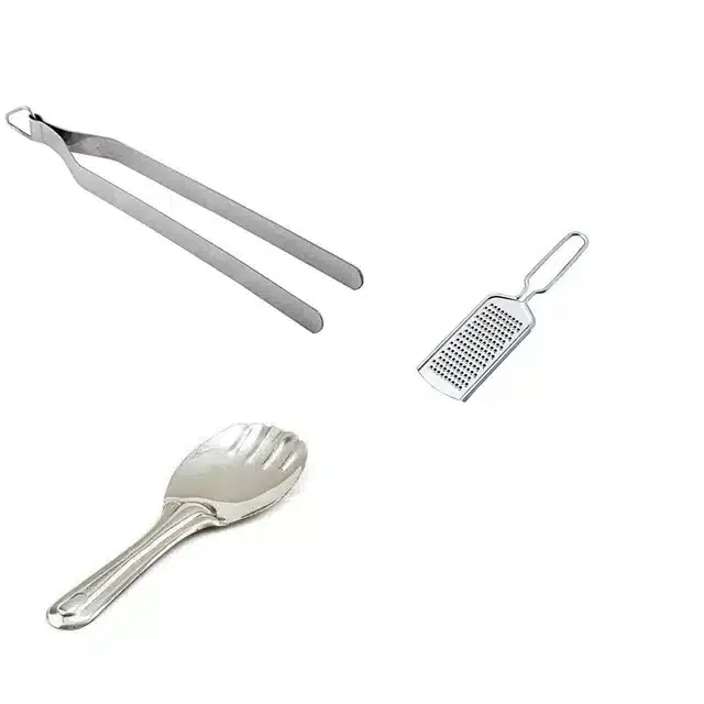 Stainless Steel Cheese Grater, Chimta & Rice Palta, Combo of 3