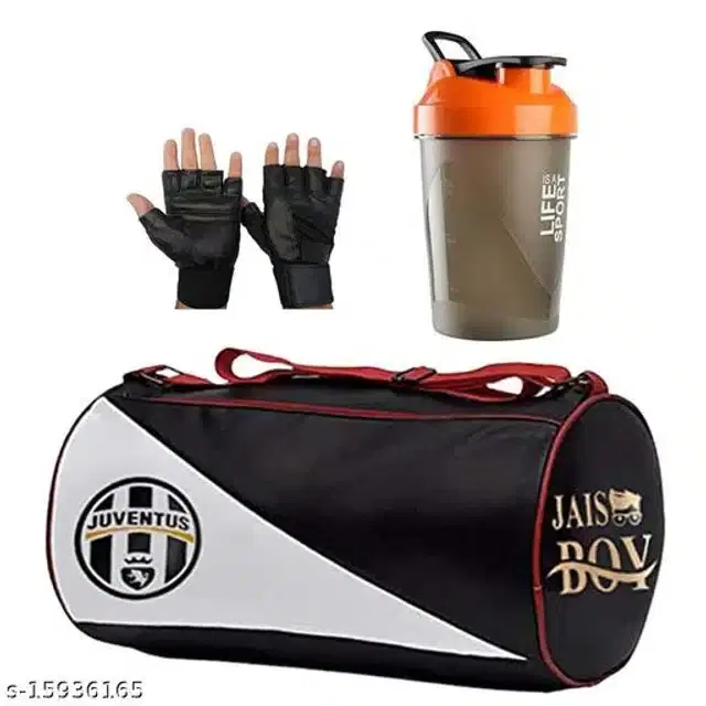 Combo of Gym Bag with Shaker Bottle, 600 ml, Gloves, Multicolor, Set of 3