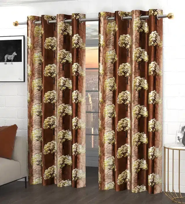 Polyester Printed Window Curtains, Pack of 2, Brown, 5 feet