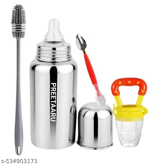 Baby Steel Feeding Bottlel,Fruit Nibbler, Bottle Cleaning Brush With Cutter Spoon