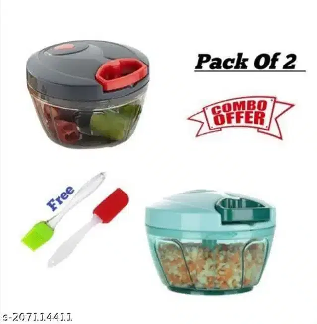 Vegetable and Fruit Chopper, 2 Pcs with Free Spatula & Oil Brush, Multicolor, Set of 3