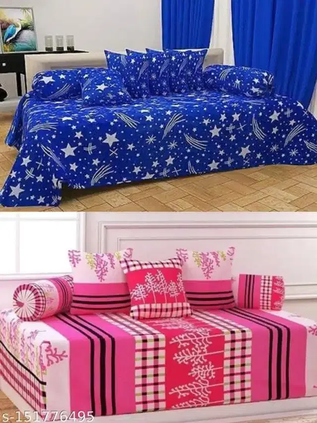 Polycotton Diwan Cover Set, Blue & Pink, Combo of 2