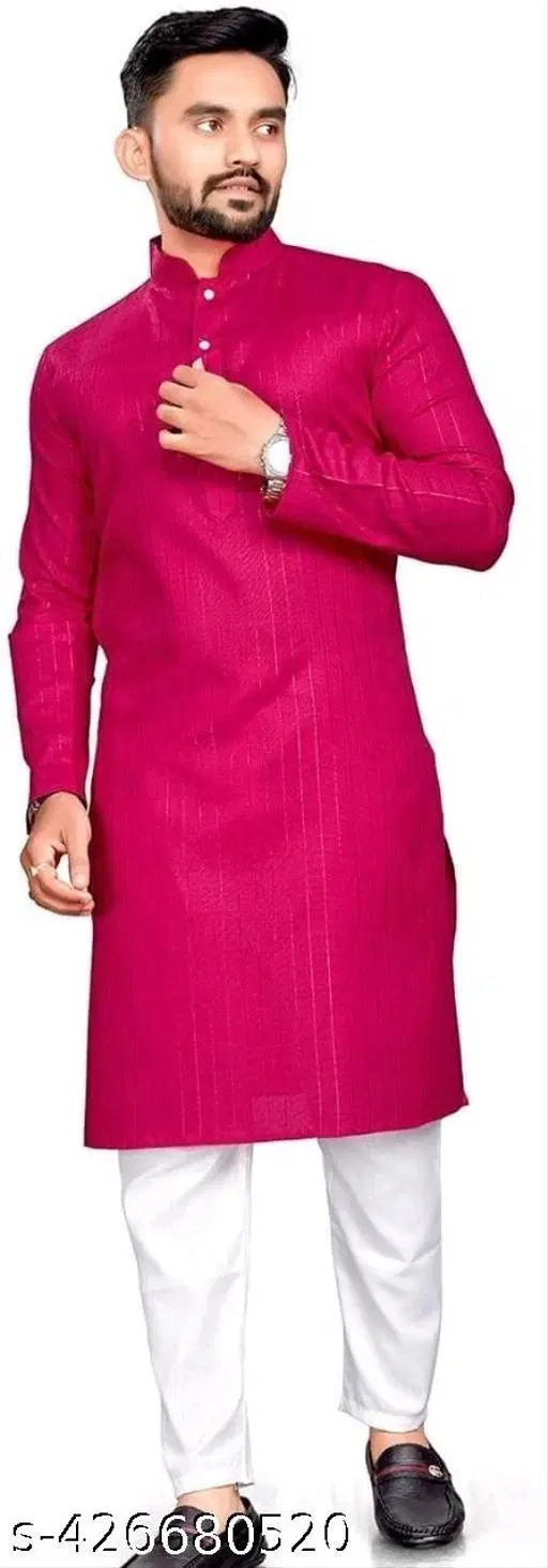 Stripe Self Design Show Button Mandarin Neck Kurta for Men (Pink, S)